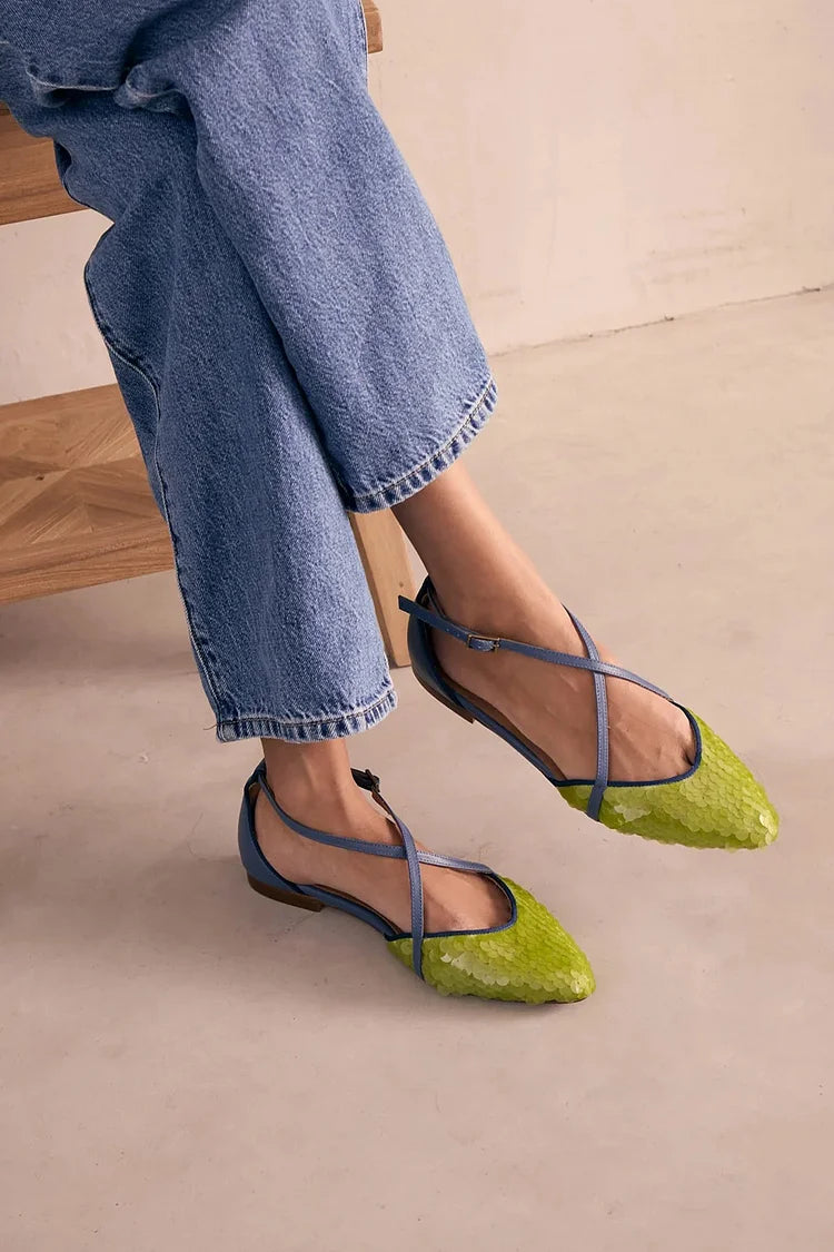 Sequin Decor Cross Strap Buckle Pointed Toe Green Flats