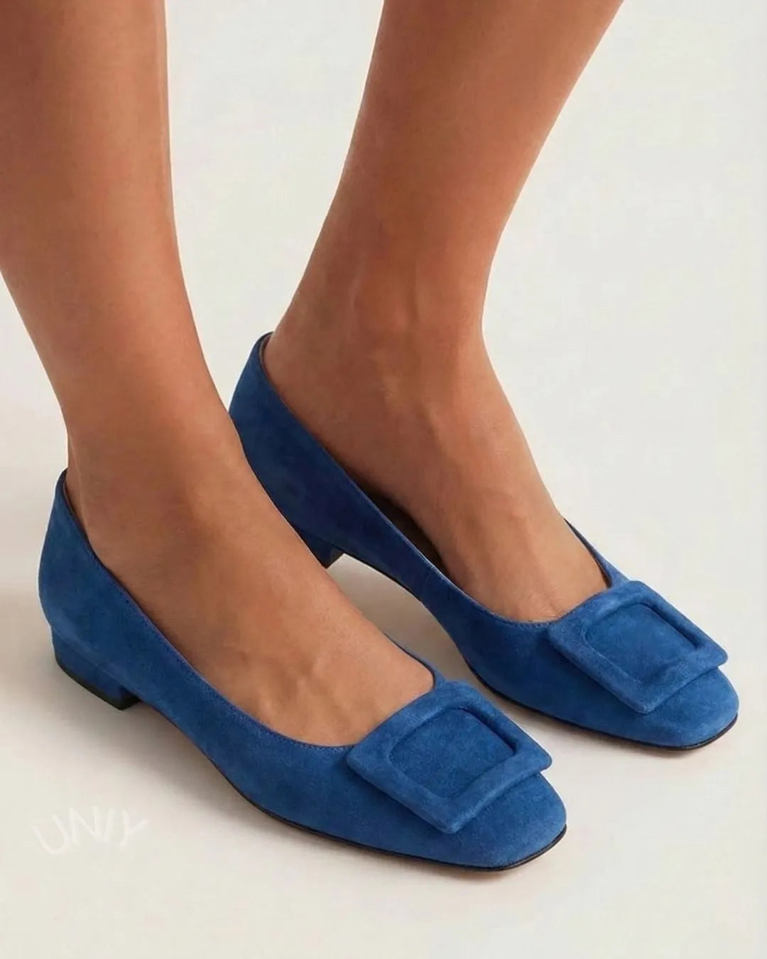 Elegant Blue Suede Square Toe Buckle Ballet Flats