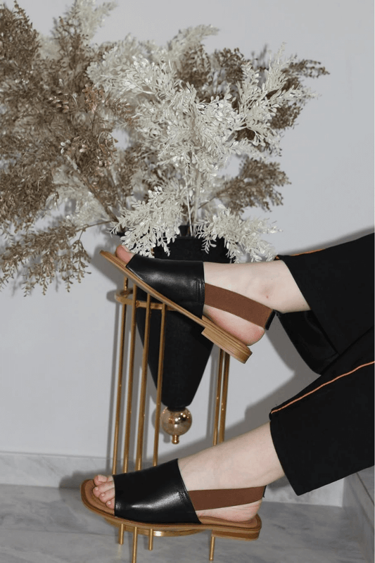 Elastic Slingback Faux Leather Open Toe Flats