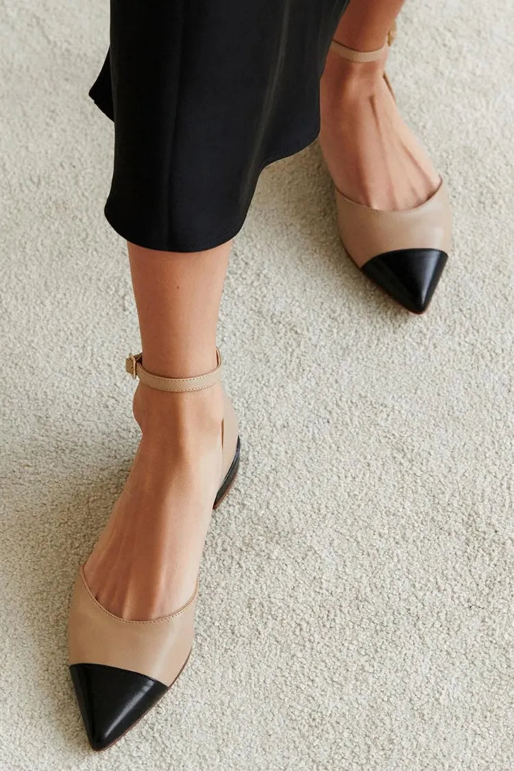 Two Tone Pointed Cap Toe Ankle Strap Beige Flats