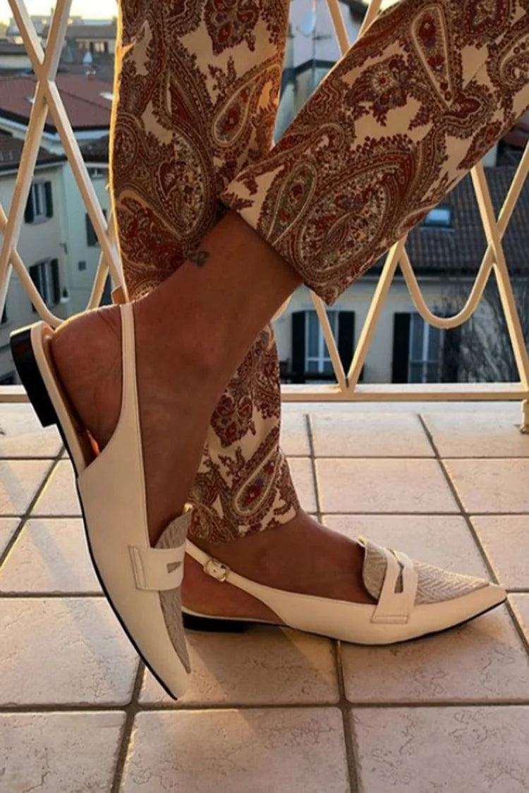 Striped Print Color Matching Pointy Slingback Strap White Flats