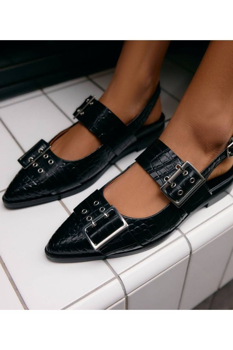 Vintage Croc-Embossed Leather Double-Buckle Pointy-Toe Slingback Flats
