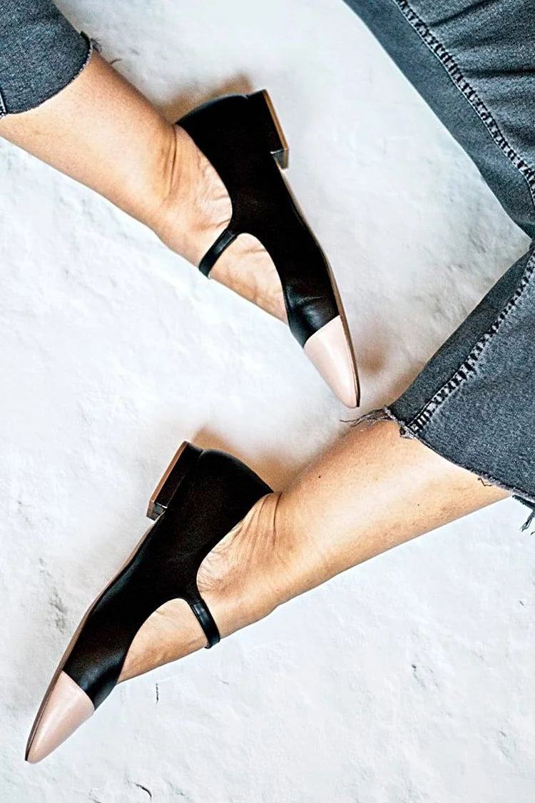 Sophisticated Pointed Toe Colorblock Instep Strap Buckle Black Flats