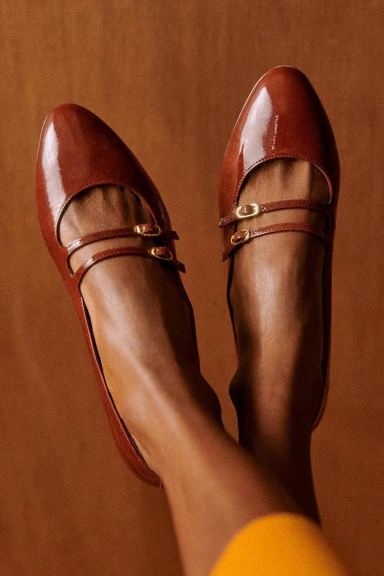 Two Straps Buckles Solid Color Round Toe Brown Flats