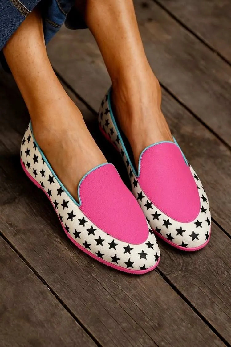 Pink Colorblock Star Print Pointy Flats