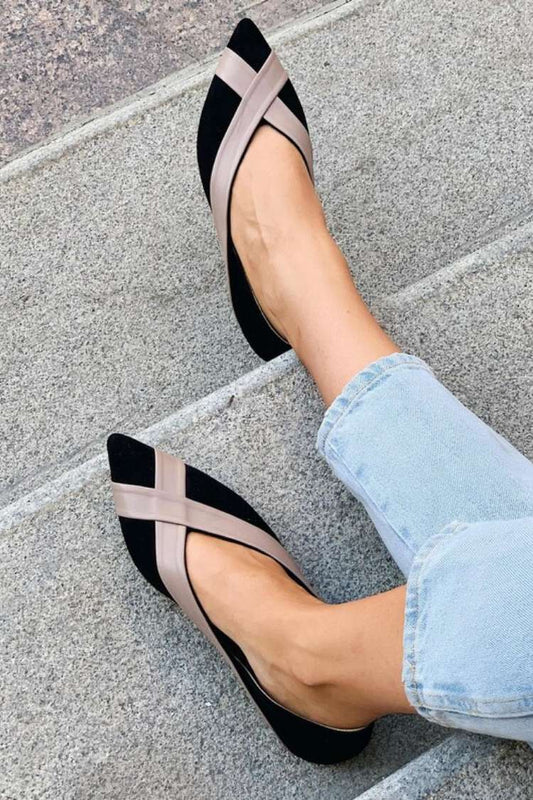 Suede Colorblock Crisscross Strap Pointed Toe Flats