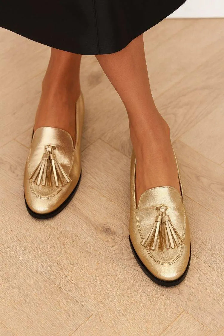 Metallic Leather Tassels Almond-Toe Slip-On Classic Loafer Flats