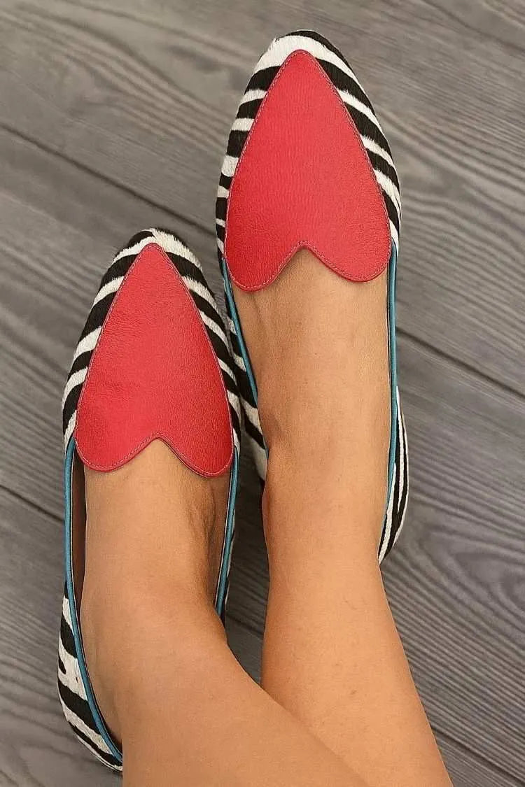 Red Heart Patch Zebra Stripe Pointy Flats