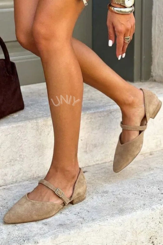 Chic Beige Pointed Toe Faux Suede Strap Flats