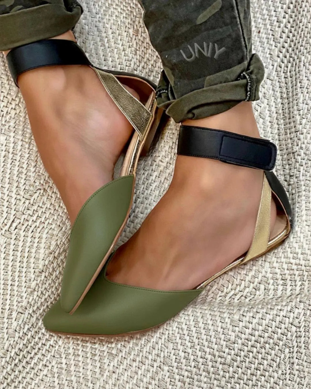 Green Pointed Toe Color Block Ankle Strap Flats