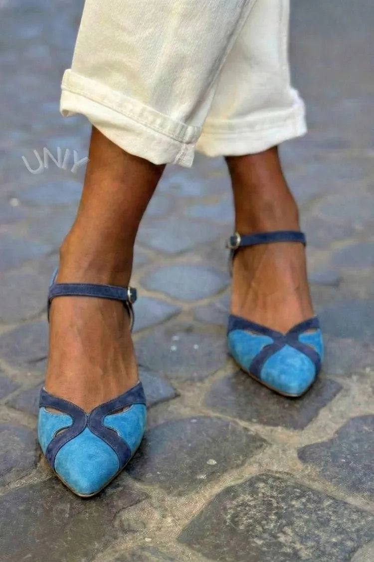 Retro Two-Tone Blue Pointed Toe Cutout Ankle Strap Flats