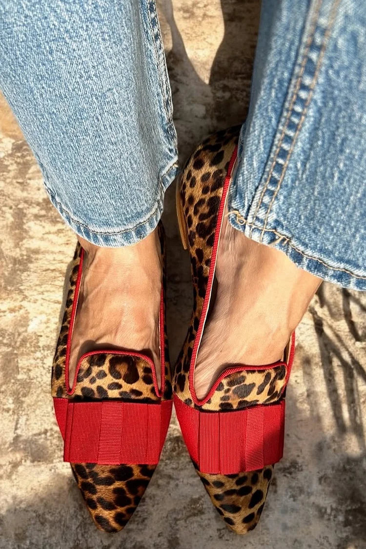 Leopard Print Pointed Toe Contrast Binding Brown Flats