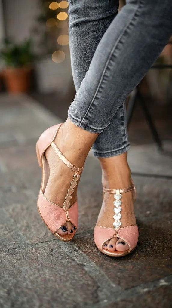 Rose Gold Heart Peep Toe T-Strap Pink Flats
