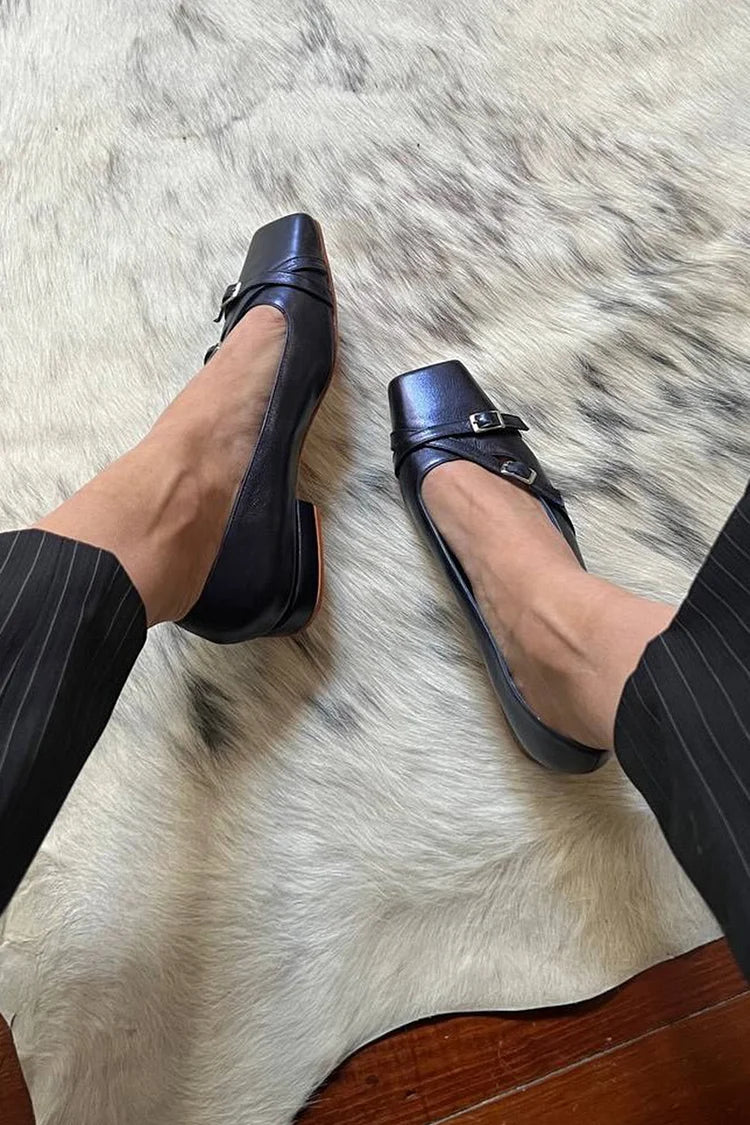 Premium Square Toe Solid Color Cross Straps Buckles Navy Flats