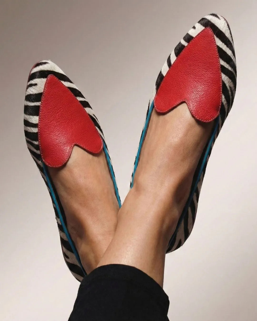Zebra Print Pointed Toe Red Heart Slop-On Ballet Flats