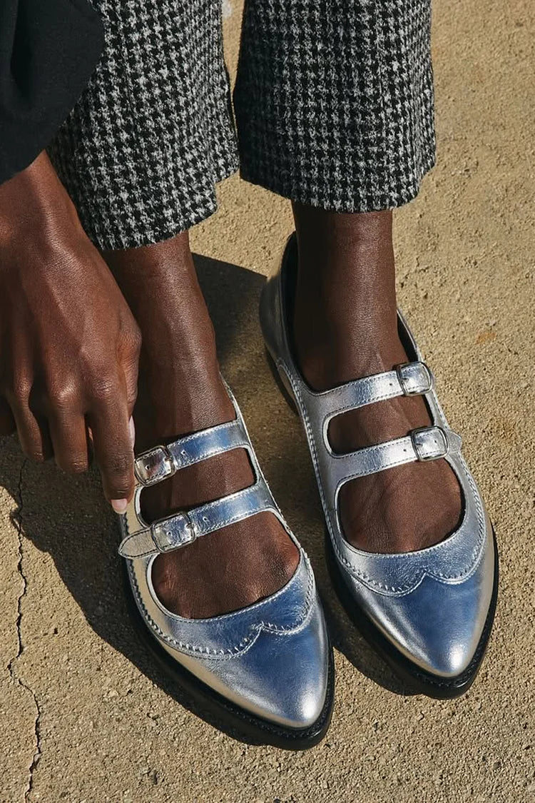 Two Straps Buckles Metallic Sheen Pointed Toe Silver Flats