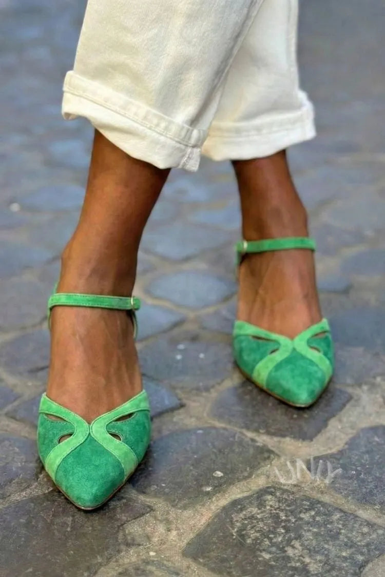 Elegant Two Tone Green Suede Cutout Pointed Toe Flats