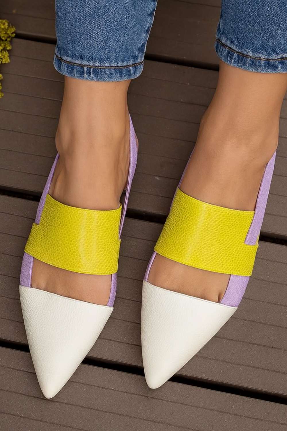 Colorblock Yellow Lavender Square Heel Pointed Flats