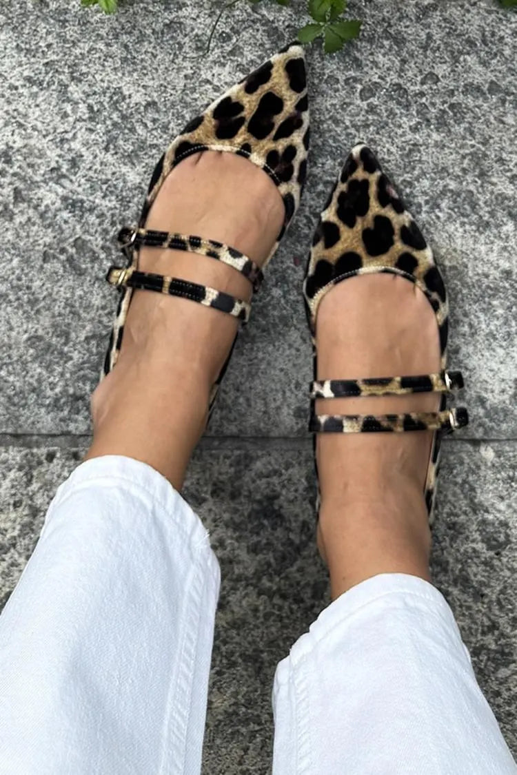 Leopard Print Pointy Toe Double Instep Straps Brown Flats