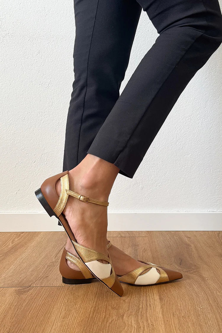 Hollow Out Colorblock Pointed Toe Brown Flats