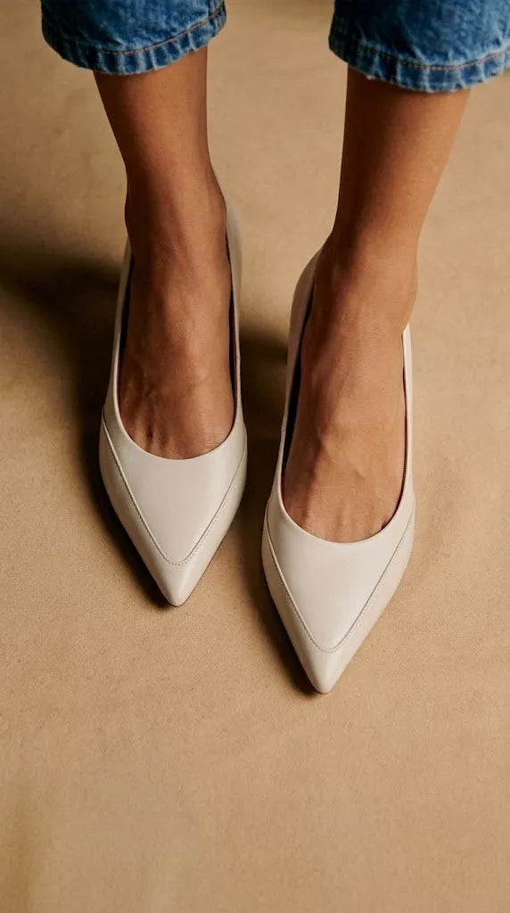 Smooth Leather Pointed Toe Slip On Cream Block Flats