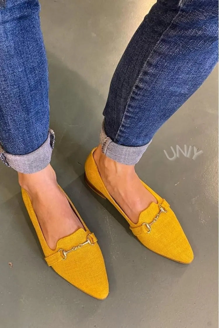 Mustard Yellow Pointed Toe Horsebit Buckle Casual Flats