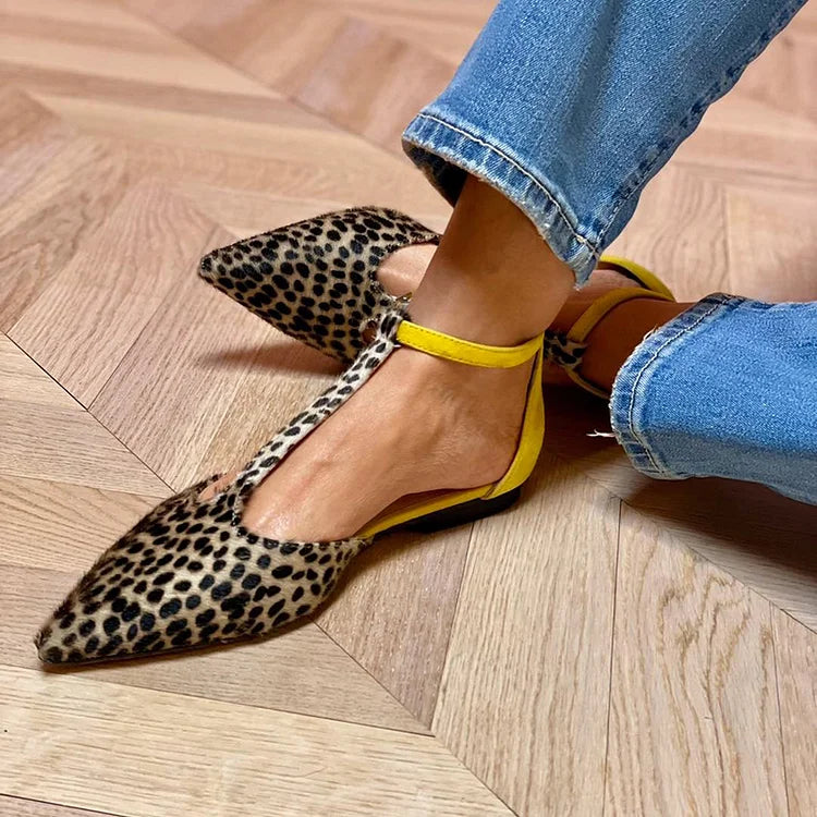 Stylish Leopard Print Colorblock Ankle Straps Buckle Pointy Toe Casual Flats