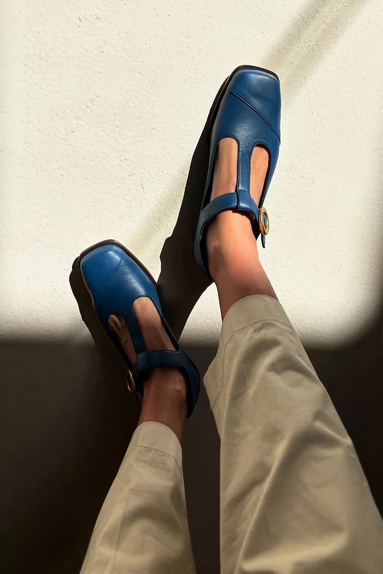 Square Toe Patchwork T-Strap Buckle Navy Flats