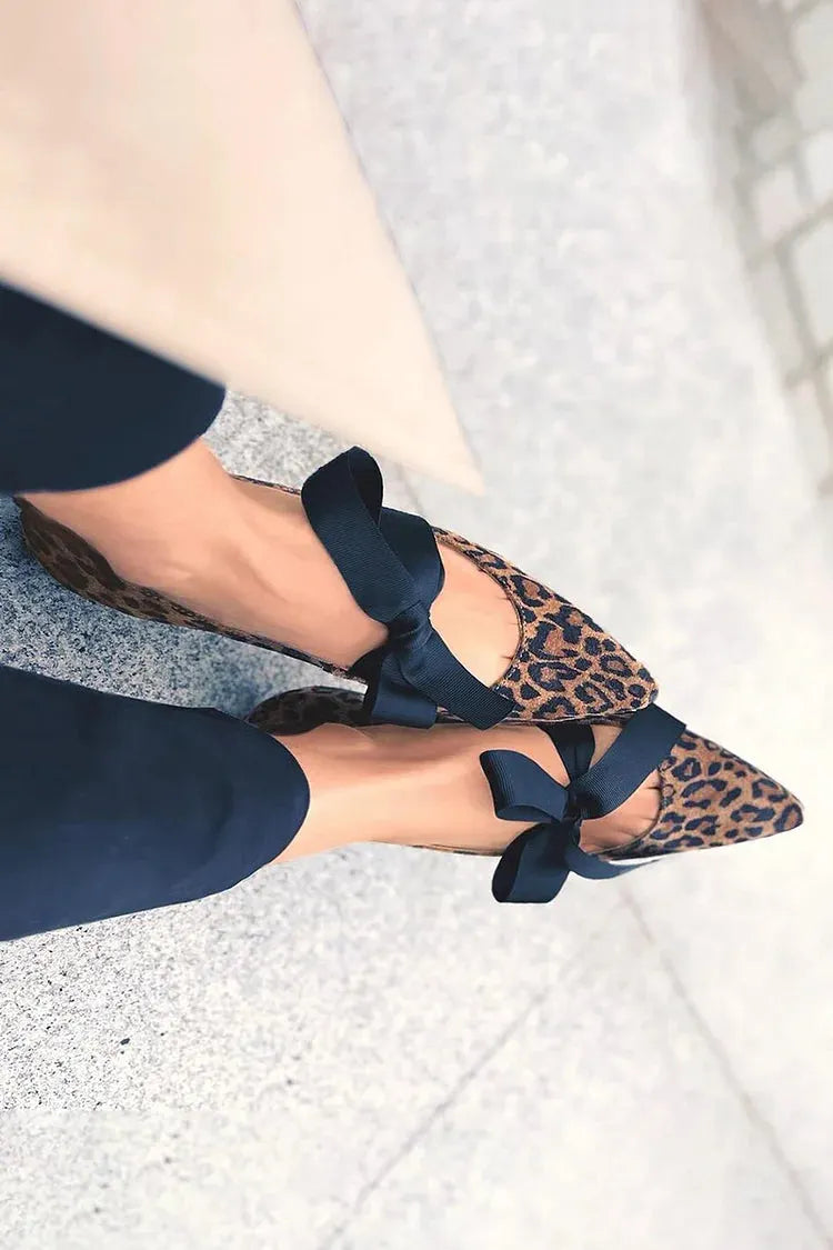 Leopard Print Tied Up Pointed Toe Brown Flats