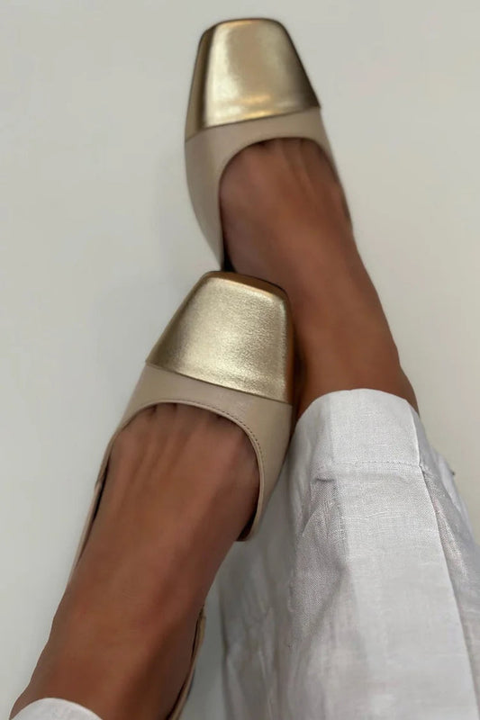 Metallic Sheen Color Block Slingback Strap Square Toe Khaki Flats