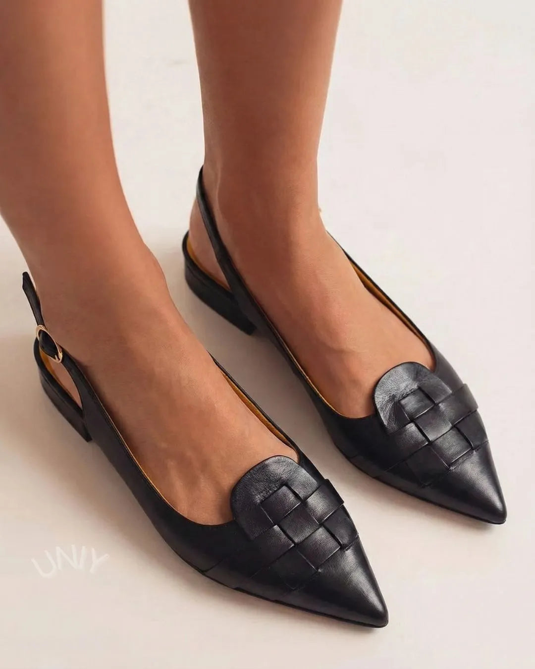 Vintage Black Woven Leather Pointed Toe Slingback Flats