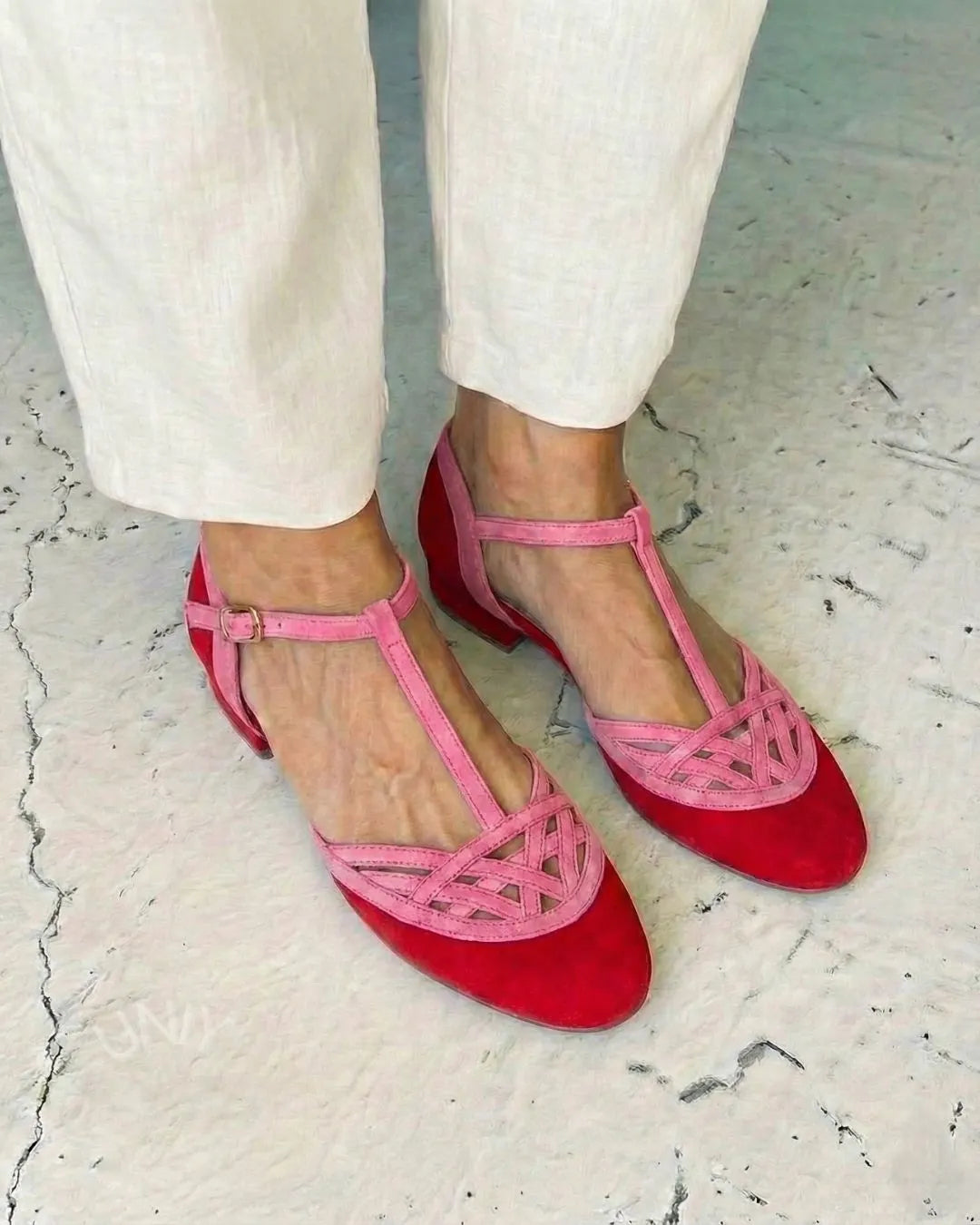 Red Pink Suede Color Block T-Strap Lattice Mary Jane Flats