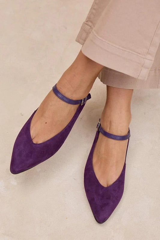 Ankle Strap Buckle Solid Color Pointed Toe Purple Flats