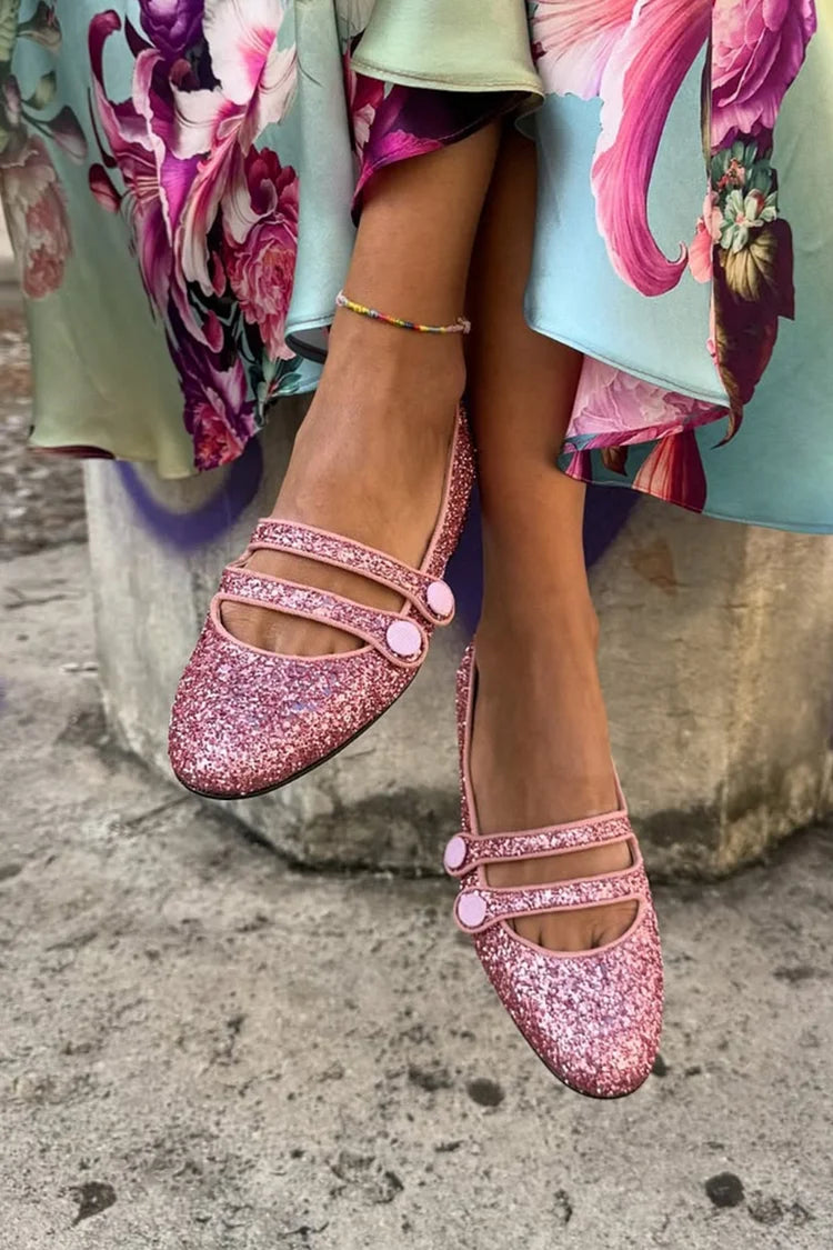 Glittering Two Straps Buckles Round Toe Pink Flats