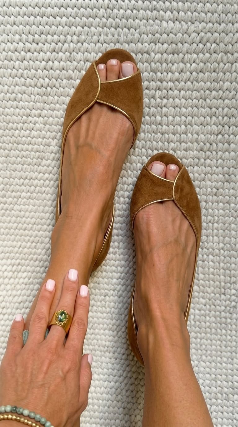 Suede Gold Trim Peep Toe D'Orsay Beige Flats