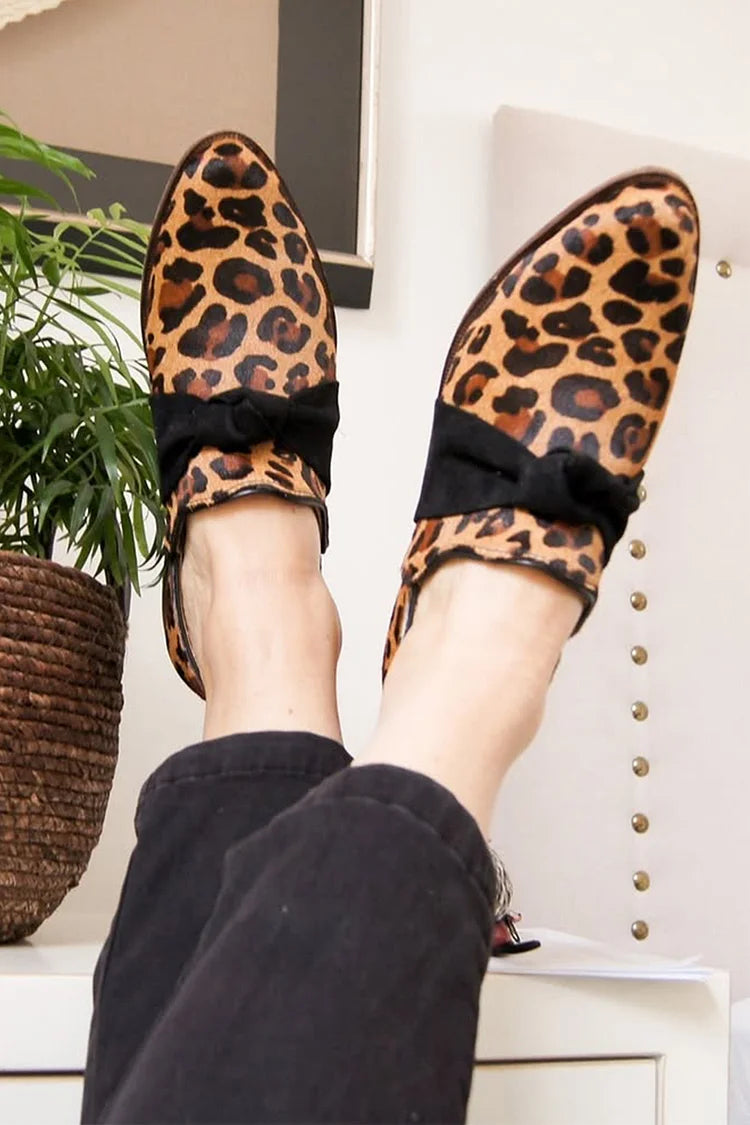 Leopard Print Knotted Decor Pointy Toe Brown Flats