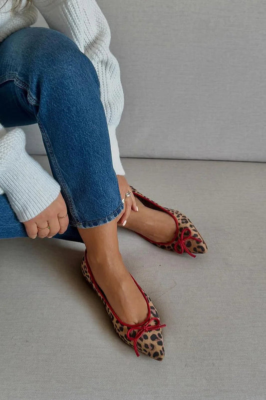 Colorblock Bow Leopard Print Pointed Toe Khaki Flats