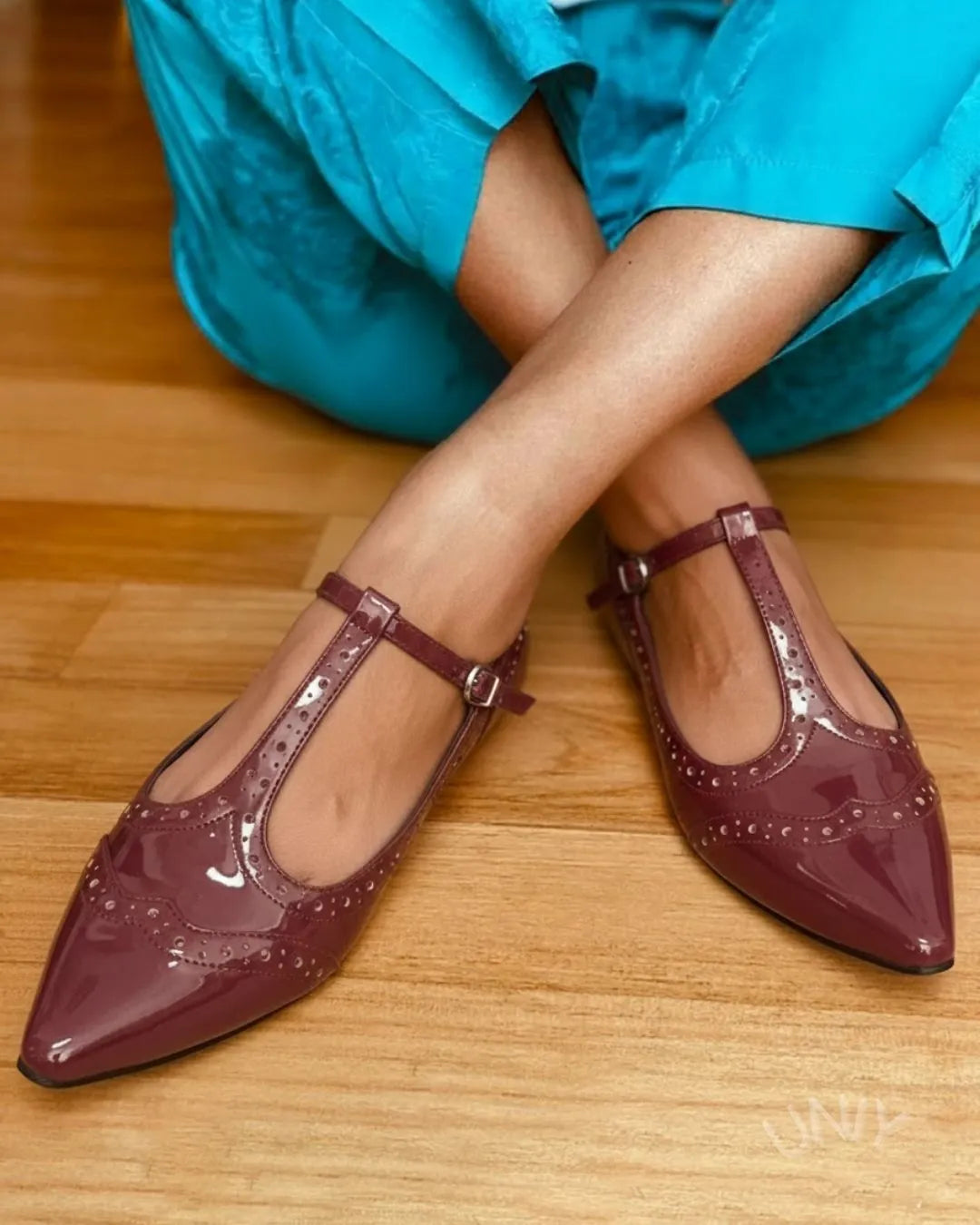 Vintage Burgundy Floral Cutout T-Strap Elegant Flats