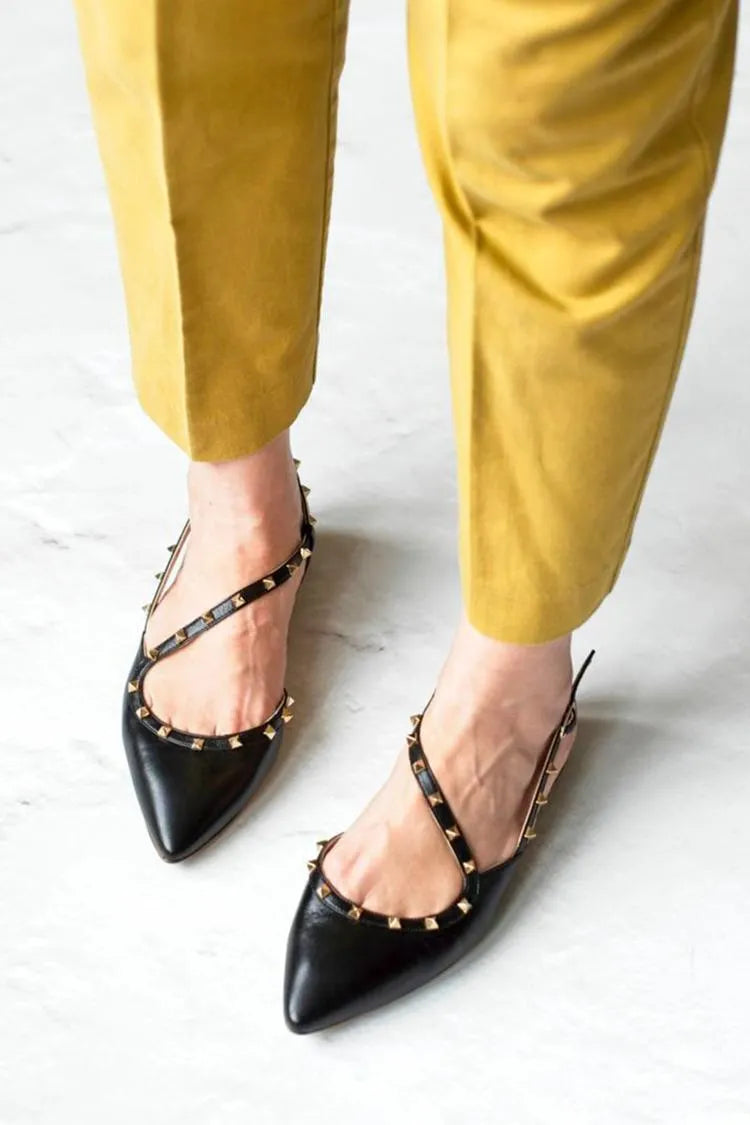 Metal Rivets Irregular Strap Buckle Pointed Toe Black Flats