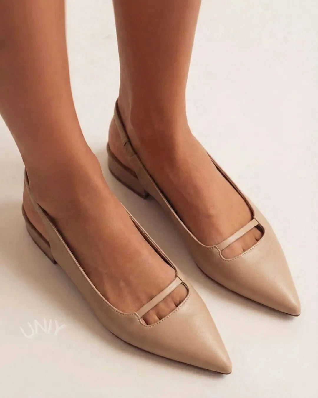 Elegant Nude Leather Pointed Toe Slingback Flats
