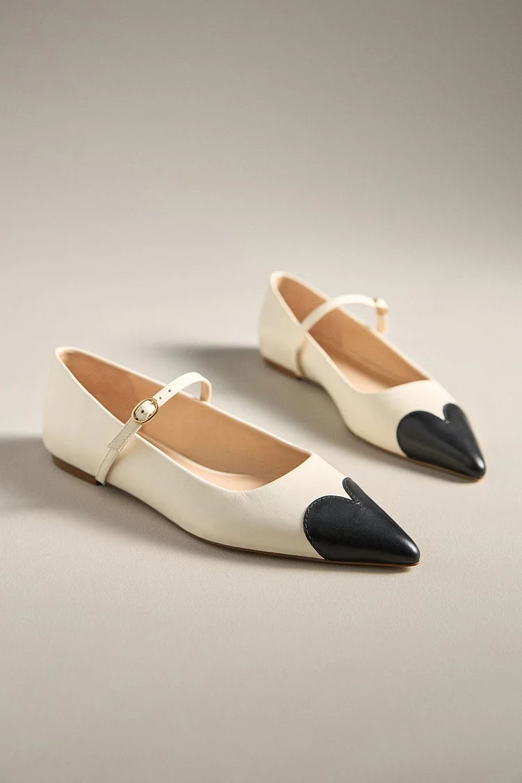 Colorblock Instep Strap Buckle Pointed Toe Ivory Flats