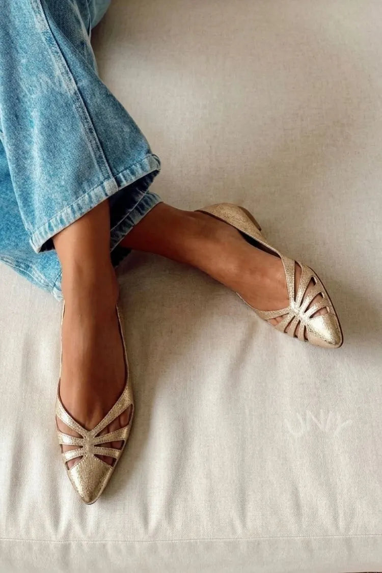 Metallic Gold Pointed Toe Radial Cut Out Flats