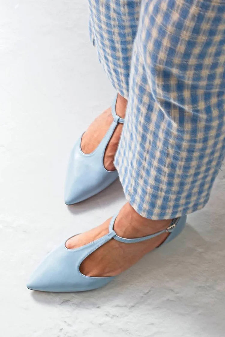 Pointed Toe Solid Color T-Strap Buckle Light Blue Flats