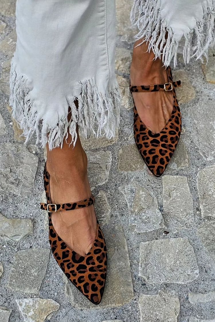 Leopard Print Instep Strap Buckle Pointed Toe Brown Flats