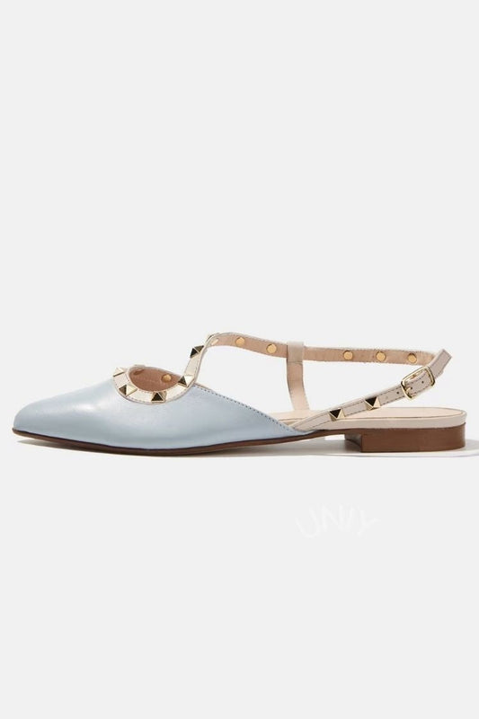 Light Blue Leather Pointed Toe Studded Slingback Flats