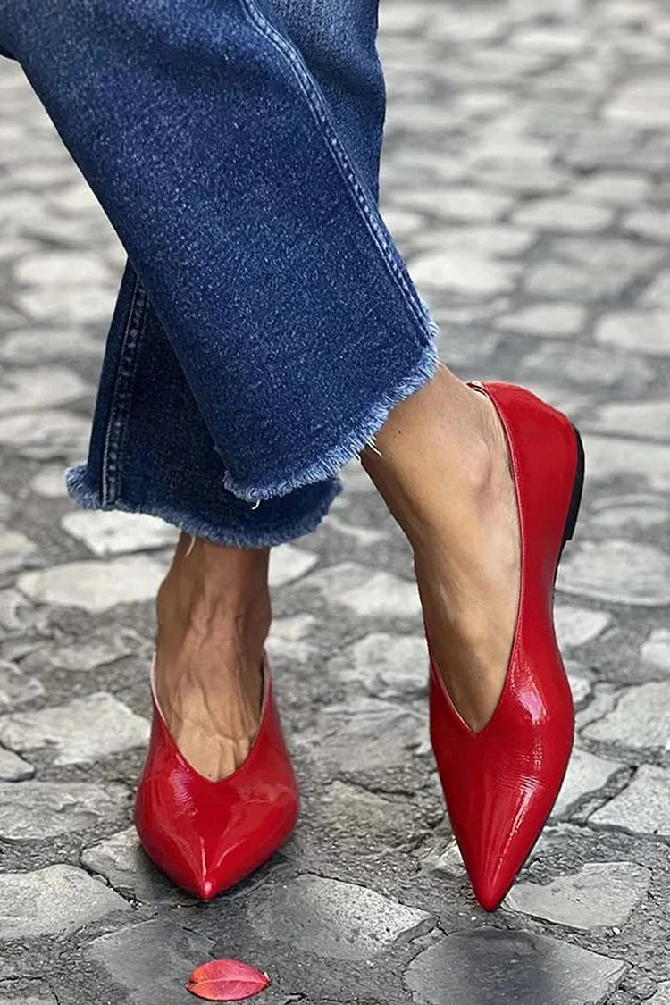 Glossy Pointy Toe V Cut Slip On Red Flats
