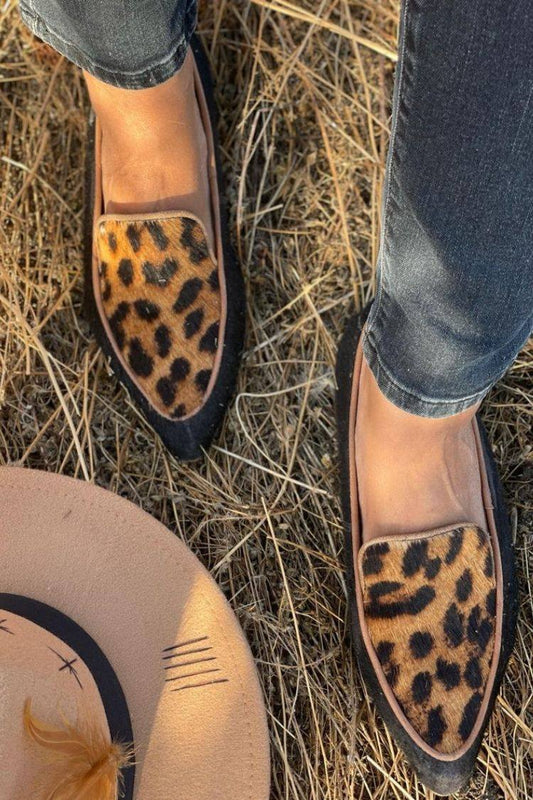 Suede Leopard Print Black Trim Pointy Flats