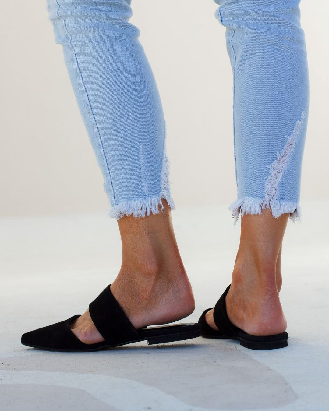 Black Suede Patchwork Casual Pointed Toe Mule Flats