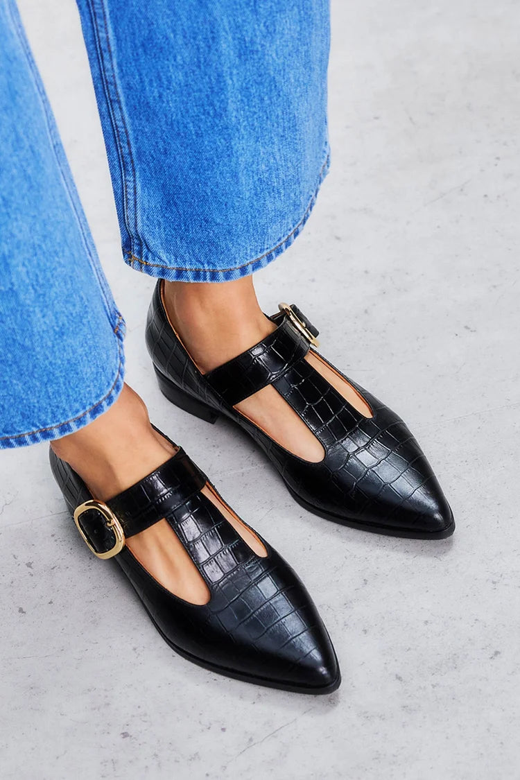 Crocodile Print T-Strap Buckle Pointed Toe Black Flats