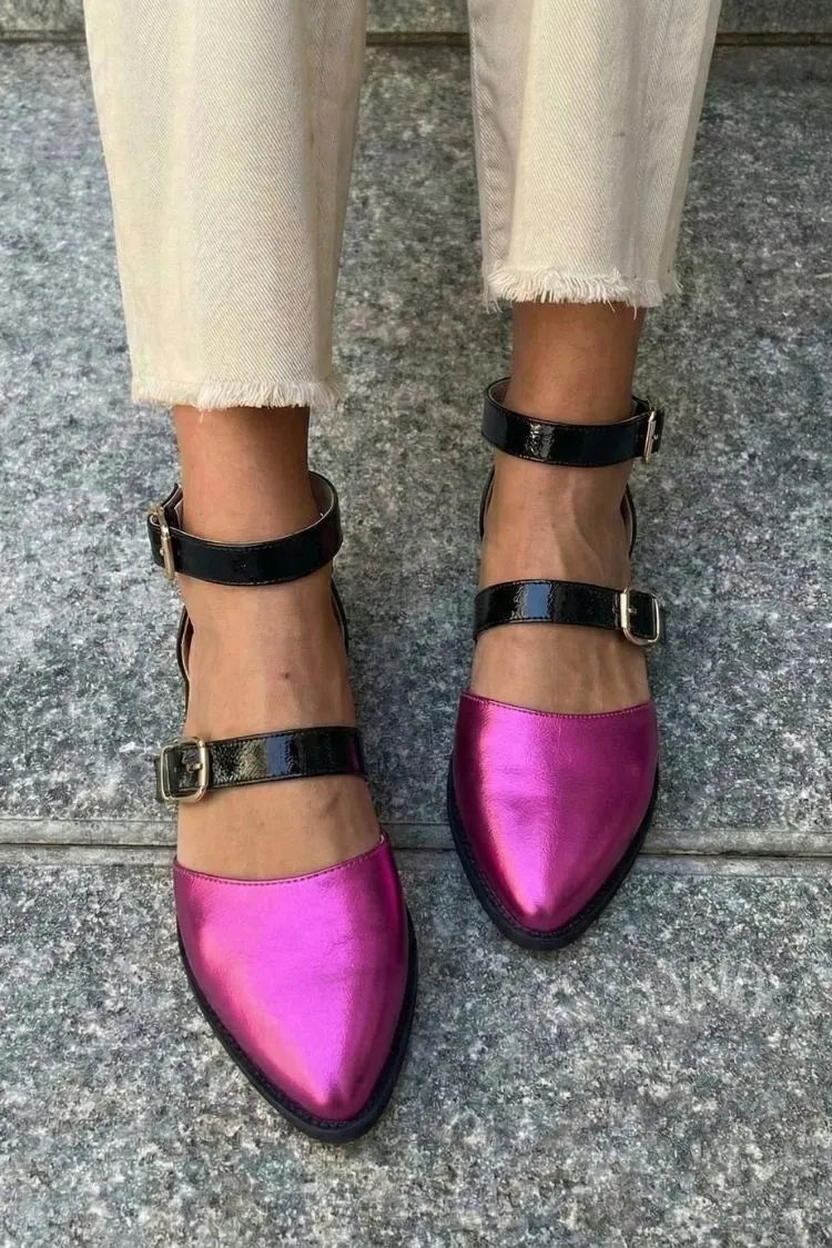 Metallic Fuchsia Black Contrast Double Strap Pointed Toe Flats
